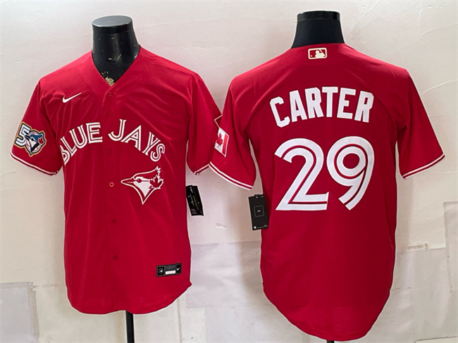 Men's Toronto Blue Jays #29 Joe Carter Red 50 Seasons Patch Stitched Baseball Jersey Men's Toronto Blue Jays #29 Joe Carter Red 50 Seasons Patch Stitched Baseball Jersey